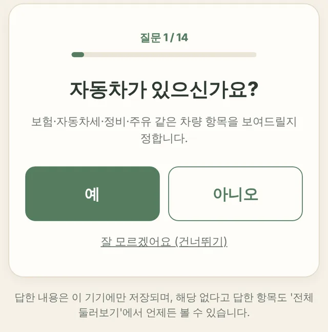 1분 진단 화면: 자동차가 있으신가요? 예/아니오